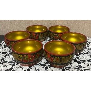 Vintage Russian Golden Khokhloma 6 Piece Bowl Set